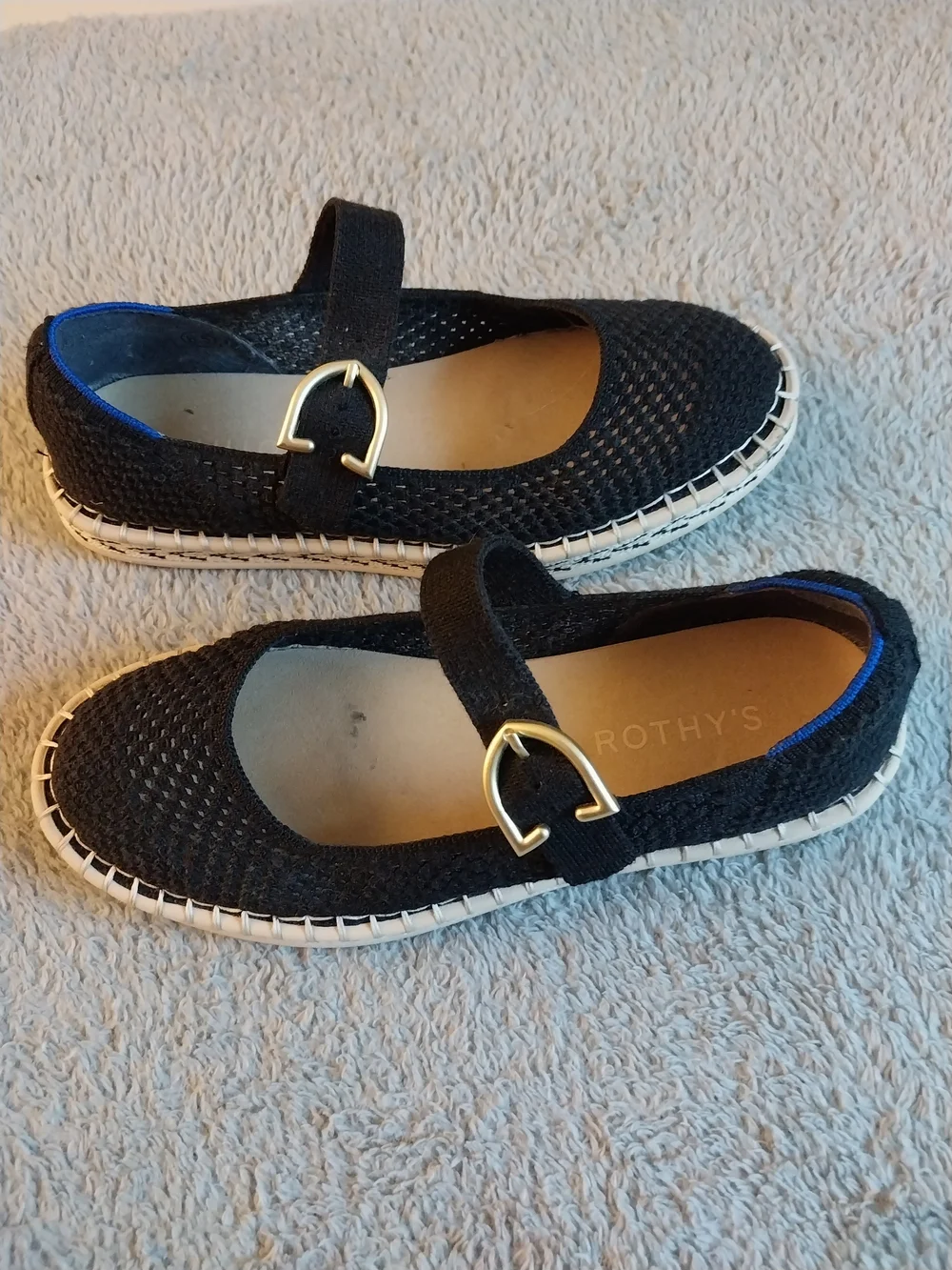 Rothy's Black Mary Jane Espadrilles with Gold Buckles